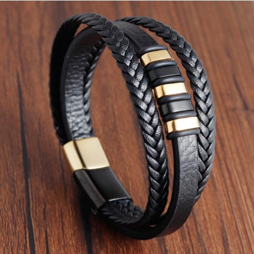 Pulsera de Cuero Trenzado Multicapa para Hombre en Acero Inoxidable