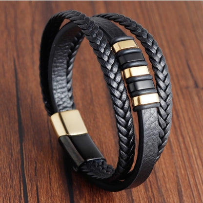 Pulsera de Cuero Trenzado Multicapa para Hombre en Acero Inoxidable